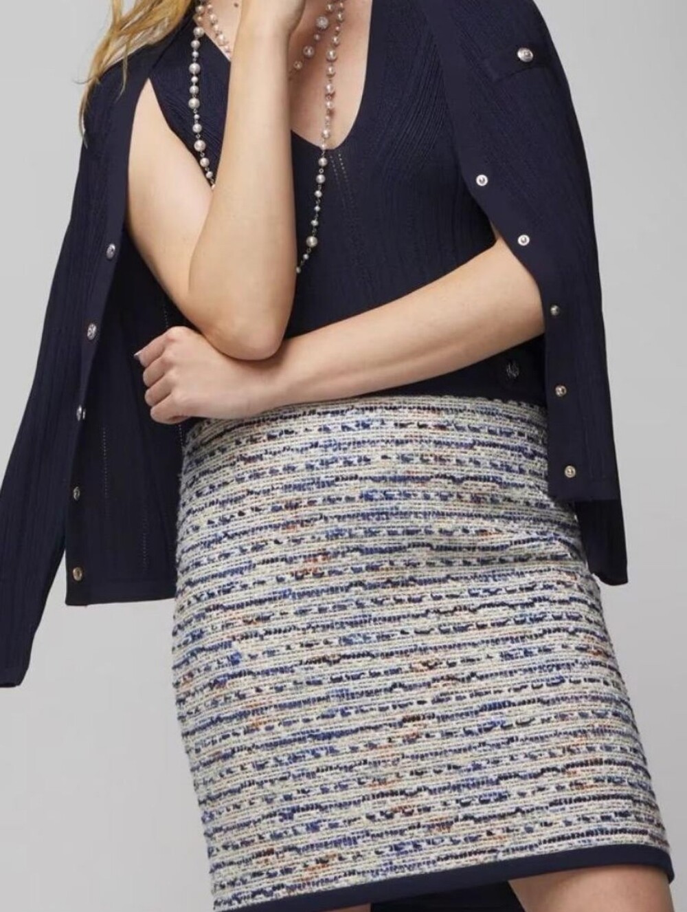 White House Black Market Navy & Cream Tweed Mini Skirt